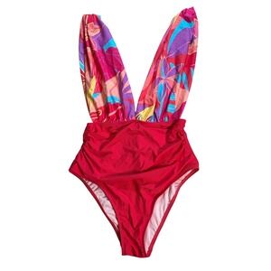 Cupshe NWT One Piece Swimsuit Medium Red Tropical Floral Plunge V Neck High Cut